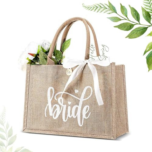 CHEERLINK Bride Jute Tragetasche, Jutetasche Shopper mit Schriftzug Bride und Weiß Schleifenband, Braut Einkaufstasche Geschenk für Hochzeiten Junggesellinnenabschied Verlobung Flitterwochen