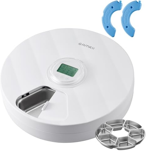 GAMKII Automatic Cat Wet Food Feeder 6 Meals with 2 Ice Packs, Battery Power Auto Pet Food Dispenser with Timer, Memory Function, Cats Small Dogs-First Meal with Cover (Edelstahl-Lebensmitteltablett)