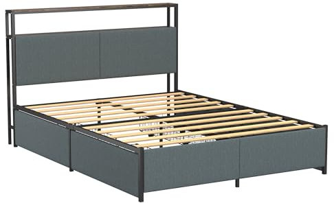 Panana Double/King Bed Frame with 4 Drawers Storage Wooden + Fabric Headboard, Metal Platform Bed Frame with Wooden Slats, No Box Spring Needed, Noise Free (Vintage Brown and Grey, Double)
