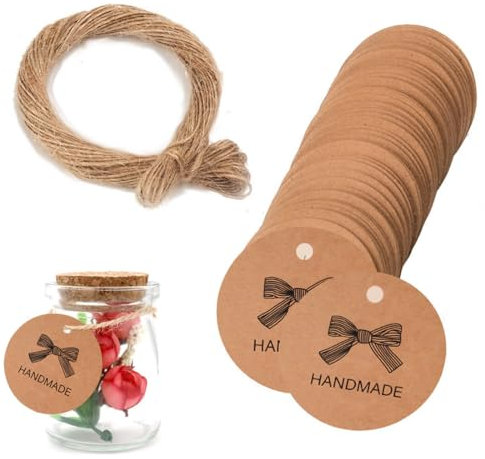 XPEX 100 Stück Handmade label Geschenkanhänger Rund 3CM mit Jute Schnur 20m Hangtag Handmade label zum annähen Etiketten Vintage Etiketten Tags für Gastgeschenke Hochzeitsdeko DIY