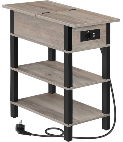 HOOBRO Beistelltisch, Flip-Top Sofatisch mit Ladestation und Ablagefläche, Schmaler Nachttisch mit Ablagen, für kleine Räume, Wohnzimmer, Greige und Schwarz EBG141CBZ01