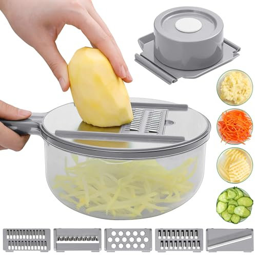 Rallador de mandolina multifuncional 9 en 1; cortador con recipiente; rallador con recipiente; rallador de verduras; picador de verduras con recipiente (gris)