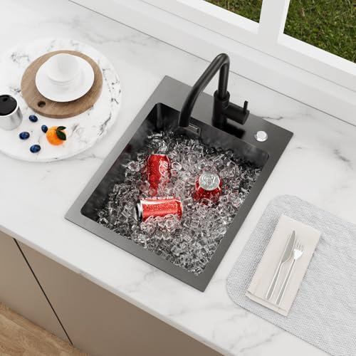 KEOKBON Lavello da cucina nero antracite, 35 x 45 cm, con 2 fori per rubinetto, lavello da cucina in acciaio inox, rettangolare, 1 lavandino, lavello da incasso, con valvola a cestello e troppopieno