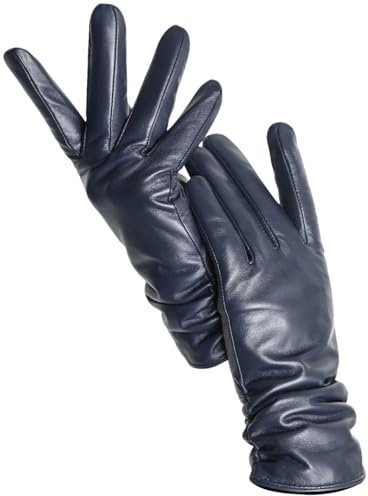 Damen Schaffell Handschuhe Winter Warm Plus Fleece Kurz Dünn Touchscreen Damen Lederhandschuhe Dunkelblau Standard 8,5, Dunkelblau, Standard, 8.5