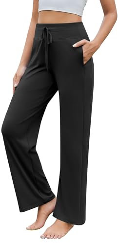 PINSPARK Jogginghose Damen Elastischem Bund Sweatpants High Waist Trainingshose UPF 50+ Sporthose mit 4 Taschen Laufhosen Weites Bein Baggy Freizeithose für Yoga Schwarz M