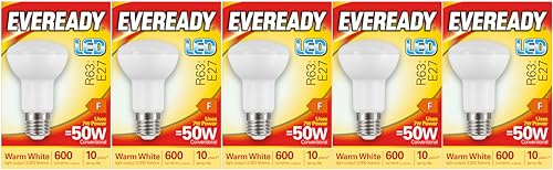 Eveready R63 LED Reflector E27 Spotlight Bulb 600 Lumens Warm White 3000k 7 watt Replaces 50 watt. Pack of 5 Bulbs