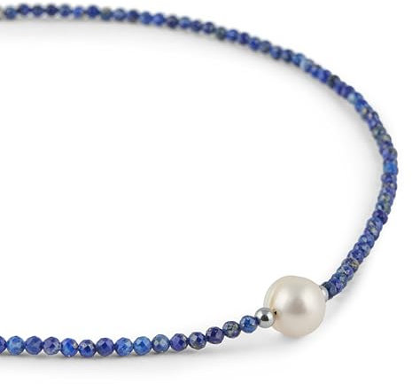 Kasias Perlenkette Damen - Edelstein Kette Damen Blau - Umfang: 40cm - 3mm Lapislazuli Steine mit Süßwasserperle - Lapislazuli Kette - Edelstein Schmuck - Echte Perlen - Kette mit Perlen