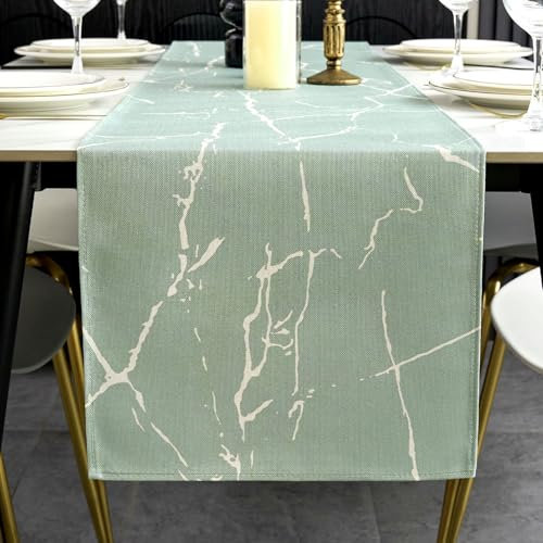ViaElayu Tischläufer Modern Grün Weiß Marmor Textur Abstrakte Abwaschbar Outdoor Frühling Landhausstil Vintage Bauernhaus Rechteckige Tischdecke Küche Tisch Läufer Party Deko 33x183 cm