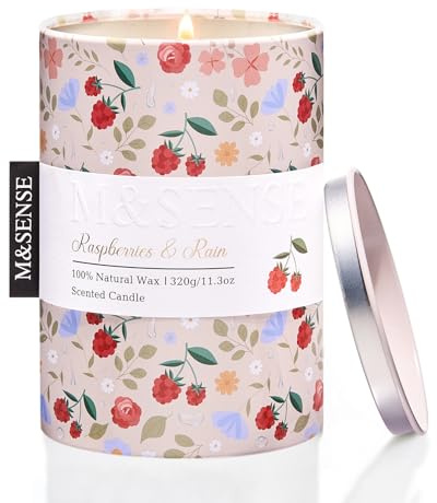 M&SENSE Velas Aromáticas Lluvia de Frambuesas - vela de cera de soja natural, Lata Floral Decorativa Sin Humo, Regalos Originales Mujer bienestar y regalo, 320g 70H