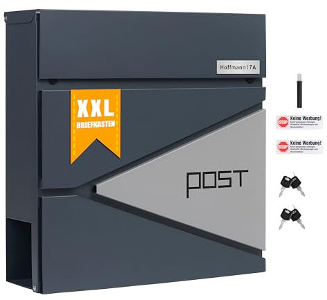 Zedelmaier XXL personalisiert Briefkasten mit Edelstahl Namensschild Wandbriefkasten Postkasten briefkästen mit Schloss Mailbox inkl. 4 Schlüsseln Letter Box Anthrazit 10,5 X 37 X 37 cm