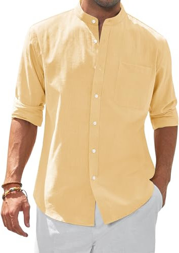 siliteelon Mens Shirts No Collar Yellow Men's Long Sleeve Collarless Linen Shirts Regular Fit Beach Travel Shirt with Pocket Holiday,Vacation