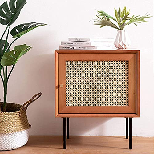 PUFAHAU Nachttisch aus Massivholz, Retro-Rattan-Aufbewahrungsschrank aus Kirschholz, großer Stauraum(C)