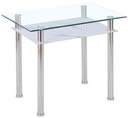 Moderner Esstisch mit Glasplatte 90x60 cm – Küchentisch mit Edelstahlbeinen & Ablage – Rechteckiger Glastisch für 2–4 Personen – Esszimmertisch, platzsparend & pflegeleicht