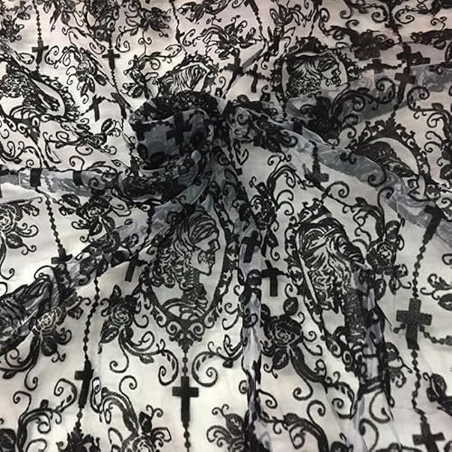 140CM Spitzenstoff, weicher schwarzer Totenkopf-Spitzenstoff, Kreuz-Blumen-Tüllstoff für DIY-Kleid, Top-Kleid, Party-Overlay, Vorhänge, Tischdecke, Halloween-Dekor (Schwarz, 1 Yard (140 x 90 cm))