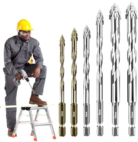 Exzenterbohrer Set, 6 tlg Vierschneidiger Sägezahn Exzenterbohrer,Sägezahnbohrer, 4/5/6/8/10/12 mm Hochfeste Exzenterbohrer mit 4 Schneiden für Holz, Metall, Beton, Glas, Keramik, Bohren