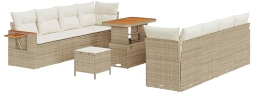 vidaXL 11-teiliges Garten-Sofaset mit Kissen in Beige, aus Poly Rattan und Akazie. Perfekt zum Entspannen und Essen draußen. Modulares Sofa für Balkone, Terrassen und den Außenbereich.