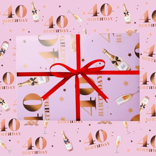 Tourima Geschenkpapier 40 Geburtstag Frauen Rosa 5er Set 70×50cm, 40 Deko für Frauen & Männer, Deko 40 Geburtstag Frau Mann, 40 Jahre Partydeko, Geburtstagsdeko 40 Jahre Frau, Happy Birthday Deko