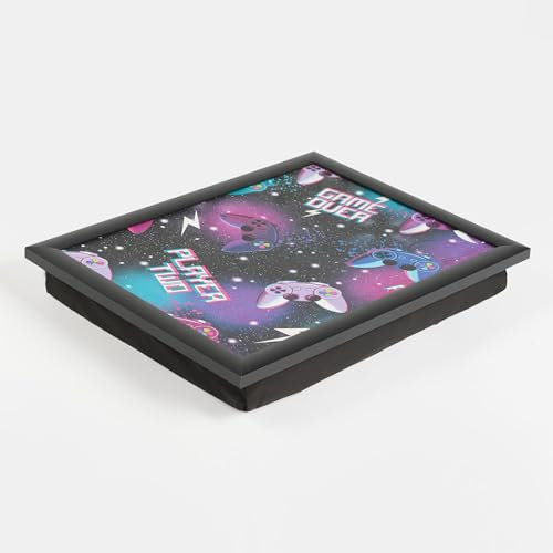 OHS Wooden Lap Tray with Bean Bag Cushion and Gaming Design, Large Padded Tray with Cushion for Kids and Adults Suitable for Work Food Studies TV sofa or Bed, Neon