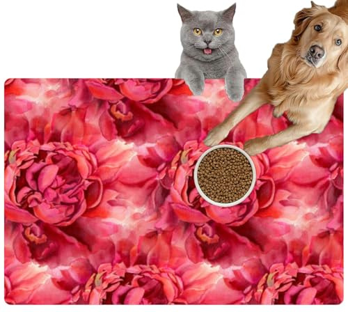 Pet Cat Dog Food Mat for Water Bowl Placemat for Sloppy Drinkers Watercolor Flowers Peonies Absorbent Rubber Back Feeding Mat for Floor Indoor 24x36in