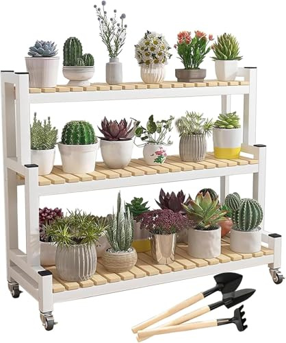 Indoor Pflanze Stand Rack Schwarz Weiß Garten Display Regal 2 、3 Tier Metall Lagerung Organizer Rack, Pflanze Leiter Racks Saftigen Topf Stand Mit Rädern, Weiß-B, 3 Tier 80cm