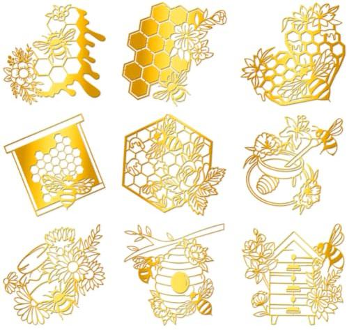 Hobbspring 9Stk Gold Selbstklebende Aufkleber 4x4cm Bienen Bienenstock Metall Deko Honig Wasserdicht Für Scrapbooks DIY Resin Handy Flasche Dekoration