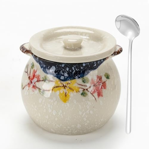 TuYines Bol à sucre en céramique avec couvercle et cuillère, pot à épices de 300 ml pour sucre, sel, fromage et épices