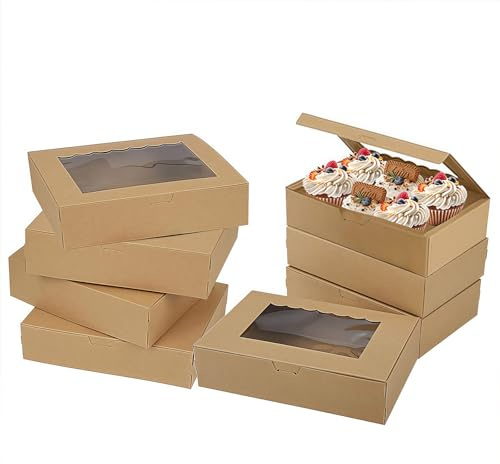 Cookie Boxes, 30 PCS Cupcake Boxes, Mini Cake Boxes Bakery Pastry Boxes with Window for Cake Pastries Pie Board Cardboard Gift Packaging Boxes Bakery Coffee Shop (30, Brown, 21 x 13.5 x 5 cm)