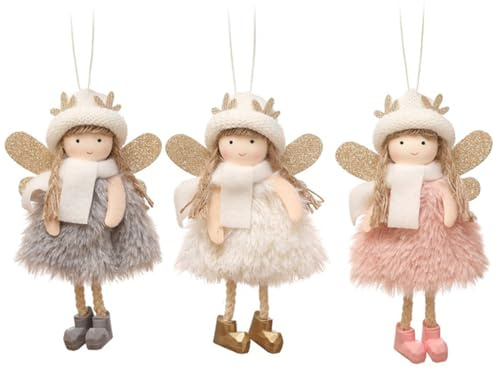 3Pcs Christmas Angel Ornaments Fluffy Dress Angel Pendants with Antler Hat Hanging Doll Christmas Tree Decorations for Wedding Holiday Party Home Décor