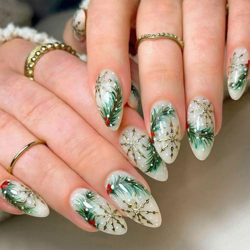 Christmas Fake Nails, Press on Nails Almond with Glue, 24Pcs Green False Nails with Holiday Plant and Yellow Stars Design, Medium Long Stick on Nails for Women, Full Cover Artificial Nails for Party