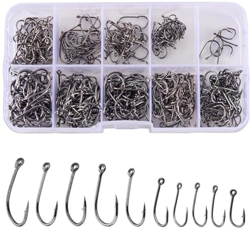 Angelhaken Set,Allround-Angelhaken mit Öse, Kohlenstoffstahl in 10 Größen, Mit Widerhaken und Öse, Angelzubehör, 3# - 12#,500 Stück