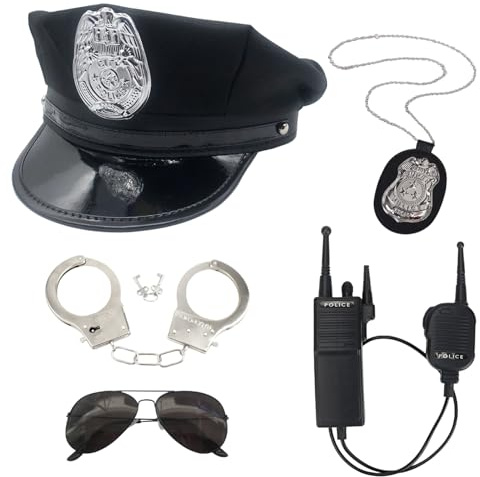 5 Stück Polizei Kostüm Zubehör Set mit Mütze und Handschellen | Mit Polizeimütze, Walkie-Talkie, Handschellen, Polizeimarke und Pilotenbrille – für Karneval, Halloween und Cosplay