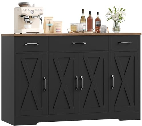 HOCSOK 140cm Large Sideboard, Kitchen Sideboard with 3 Drawers & 4 Doors | Adjustable Shelves, Sideboard Storage Cabinet for Living Room, Dining Room, Kitchen, Wooden, Black, 81H x 140W x 38.6D cm
