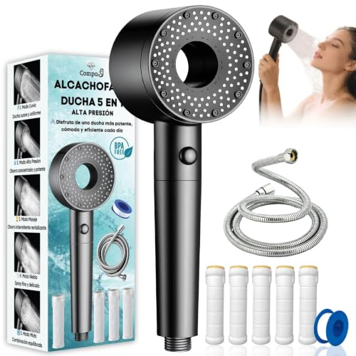 CompaSJ - Alcachofa de ducha con Filtro - Cabezal de Ducha de Alta Presión con Manguera 1,5 M - 5 Filtros Antical + PTFE - 5 Modos de Rociado, Mejora la Calidad del Agua, Ahorro de Agua - Libre de BPA
