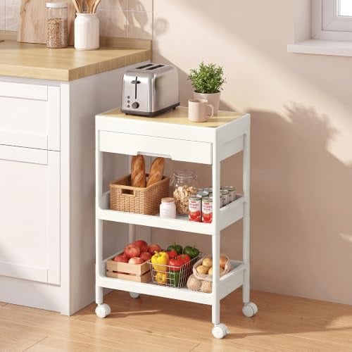 SONGMICS 3-Tier Storage Trolley, Rolling Trolley on Wheels, Serving Utility Cart with Removable Tray, Drawer, and Plastic Shelves, Easy Assembly, for Kitchen, White and Golden Oak BSC069W101