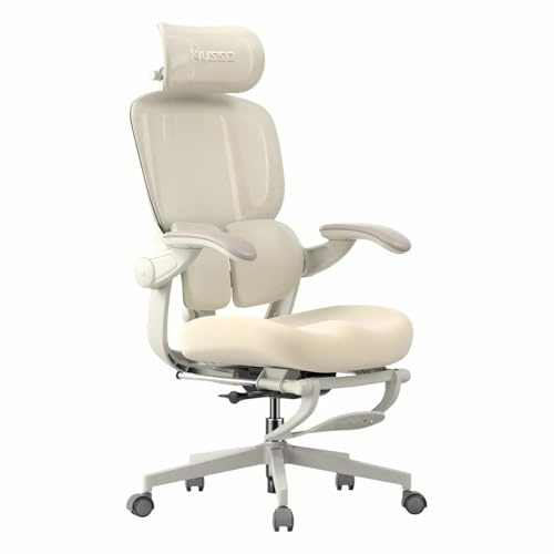 MUSSO E80 Air Petite Bürostuhl mit Bio-Wing-Lendenstütze, Beige | 3D-Bio-Wing-Lendenstütze, 4D-Kopfstütze, 90° Klapparme, Fußstütze, 135° Neigung, Mesh