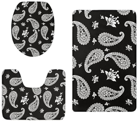 Badteppich Set Bohemian Schwarz Duschvorleger rutschfest Waschbar 3 Teilig Bad Vorleger U-Förmig WC Teppich Toilettendeckelbezug Deko Badezimmer Bath Mat 50x80 cm
