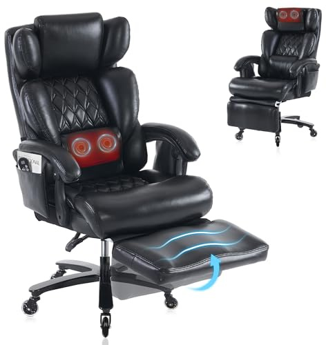 DEKKETO Chaise de Bureau Massante Chauffante, Ergonomique, Cuir PU, Noir | Fauteuil avec Repose-pieds, Dossier Inclinable, 3 Coussins Amovibles, Poches, Premium pour Bureau de Direction, Charge 225 kg