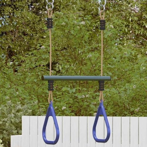 GeenYuu Trapezstange mit Turnringen aus lackiertem Stahl für Kinder in Blau Dunkelgrün, 67 cm Höhe, 50 kg Belastbar, Spielturm Zubehör für Klettergerüst, Schaukel, Outdoor Spielplatz