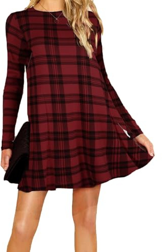 Womens Ladies Party Dresses for Women UK Long Sleeve Midi Plain Flared A line Skater Swing Dress Jersey Tee Plus Size Dress Summer Winter Burgundy Wine Tartan 20-22