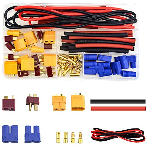 WMYCONGCONG 62-teiliger T-Stecker EC3 XT60-Adapterstecker mit Silikondraht und Schrumpfschlauch als Ersatz für RC ESC Lipo-Batteriemotor