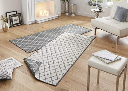 NORTHRUGS In- und Outdoor Teppich Malaga 80x250cm - Wendeteppich Wetterfest Modernes Geometrisches Muster Läufer für Balkon Terrasse Garten Wintergarten Wohnzimmerteppich Wasserfest in Grau Creme