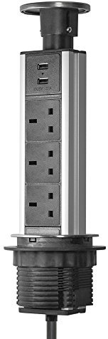 Elbe Inno Pop up Socket 3 Way with 2 USB Charger Extension Lead Pull up Socket worktop