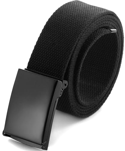 Mile High Life Cut To Fit Canvas Web Belt Size Up to 52 with Flip-Top Solid Black Military Buckle (Black)