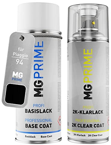 MG PRIME Vernice per auto Kit bombolette spray 2K per Piaggio 94 / NN Nero Lucido/Schwarz Lucido Bomboletta a spruzzo vernice di base 2 componenti vernice trasparente