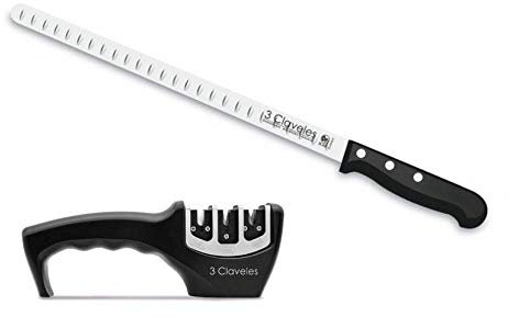 Hidalgo 3 Claveles Cuchillo Jamonero Alveolado 29 cm + afilador 3 Pasos.