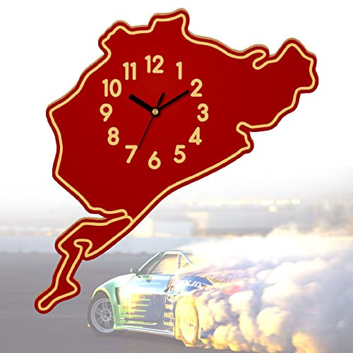 Racetrackart Nürburgring - Lautlose Wanduhr mit 3D Rennsportmotiv, Nicht tickend, batteriebetrieben, dekorative Holz-Wanduhr, Geschenk für Rennsportfans, rot