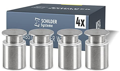 SCHILDER Systeme 4 Stück Edelstahl - Abstandhalter w.15.14 | inkl. Flachkopfschrauben + Dübeln | Schildbefestigung | hochwertiger Glashalter | Klemmhalter