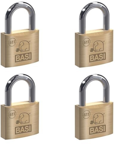 BASI | Vorhangschloss 4er Set | 30 mm | gleichschließend | massives Messing-Gehäuse | gehärteter Stahlbügel | robustes Vorhängeschloss | Bügelstärke 5 mm | 4 Stück