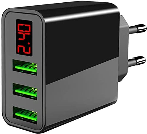 BIAOQINBO Cargador USB de Pared con 3 Puertos con Pantalla Digital LED, 5V / 2.4A, Fuente de alimentación USB Enchufe USB para iPhone iPad Cámara Android