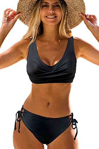 NLAND Costume da Bagno Donna Due Pezzi Push up Scollo a V Bikini Set Strappy Imbottito Reggiseno Backless Swimwear Spiaggia Mare Beachwear(Nero,L)